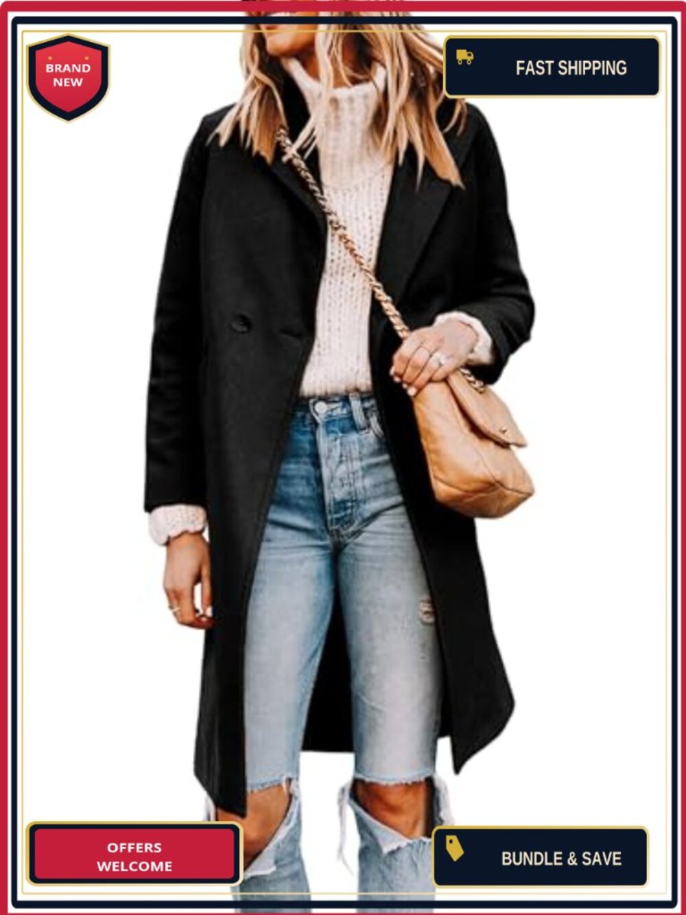 Wool Blend Pea Coat Long Trench Notch Collar Women's Winter